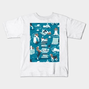 Life is better with books a hot drink and a friend // pattern // turquoise background brown white and blue beagles and cats and aqua cozy details Kids T-Shirt